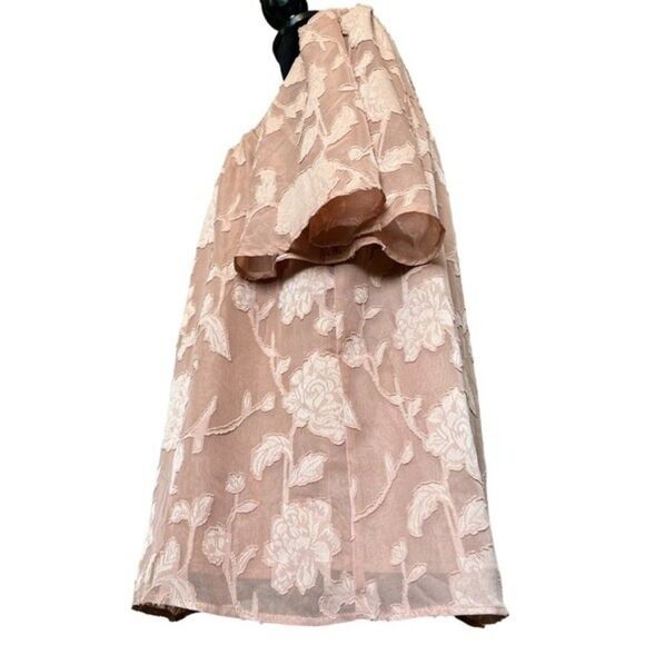 Women Blouse Deep Rose Floral Applique Flouncy Sleeve Button Back Neck Sz Small - Picture 7 of 16